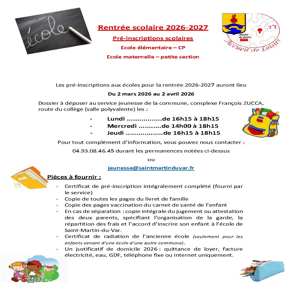 INFOS PERMANENCES Pré Inscription Scolaire 2026 2027